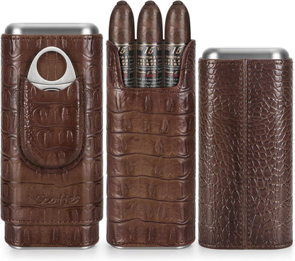 Scotte Cigar Case Leather Cigar Travel Case Cedar Wood Lined Portable Cigar Humidor Box with Cigar Cutter Elegant Cigar Box Great Cigar Accessories for Men