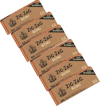 Zig-Zag - Unbleached Rolling Papers with Unbleached Tips, Papier a Rouler Made in France, 100% Natural Gum Arabic, No Bleach, 50 Sheets Rolling Papers 1 1/4 Size and Tips in Each Pack - 6 Pack