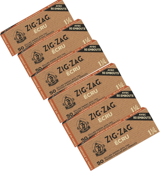 Zig-Zag - Unbleached Rolling Papers with Unbleached Tips, Papier a Rouler Made in France, 100% Natural Gum Arabic, No Bleach, 50 Sheets Rolling Papers 1 1/4 Size and Tips in Each Pack - 6 Pack