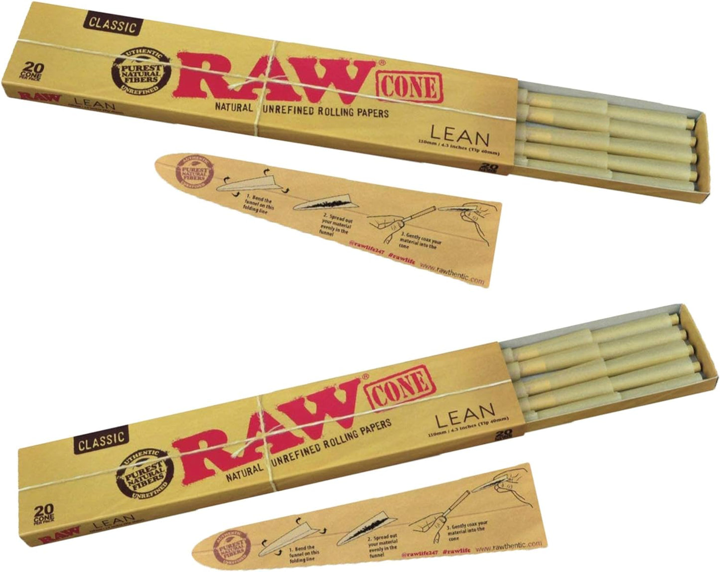 Raw Classic Lean Cones - Natural Unrefined Rolling Paper - 20 Pre-rolled Cones Per Pack (2 Pack)