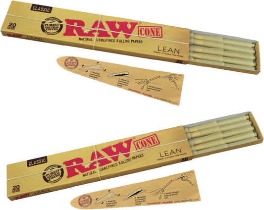 Raw Classic Lean Cones - Natural Unrefined Rolling Paper - 20 Pre-rolled Cones Per Pack (2 Pack)