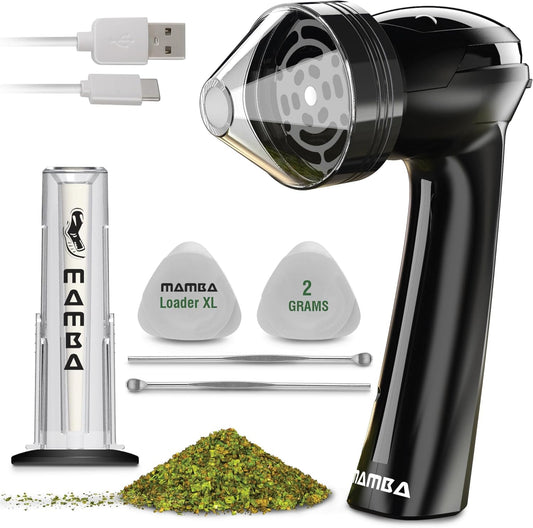 Mamba Electric Herb Grinder, 2g Spice Grinders with Loading Tool, USB Rechargeable & Portable Metal Mill for Herbs and Kitchen, Black, Mamba Loader XL