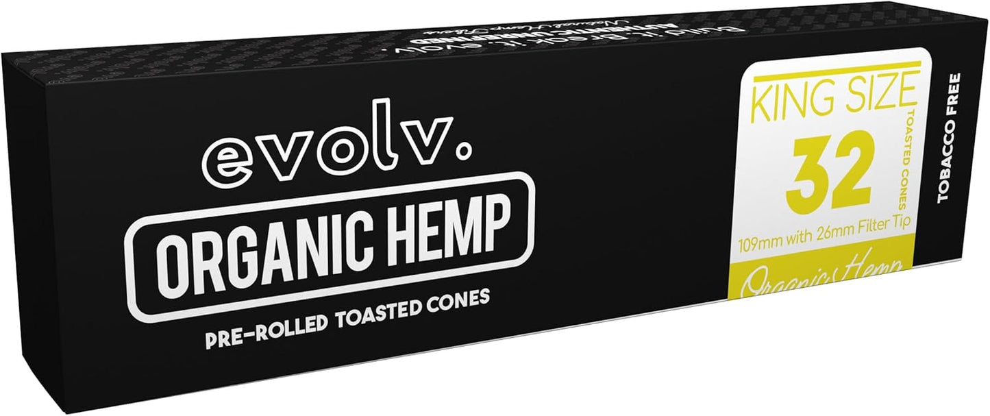 EVOLV Pre-Rolled Organic Toasted Hemp Cone Wraps | Size: King Size | Artisan Crafted & Hand-Rolled | 32 Pack