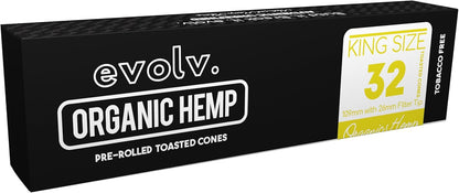 EVOLV Pre-Rolled Organic Toasted Hemp Cone Wraps | Size: King Size | Artisan Crafted & Hand-Rolled | 32 Pack
