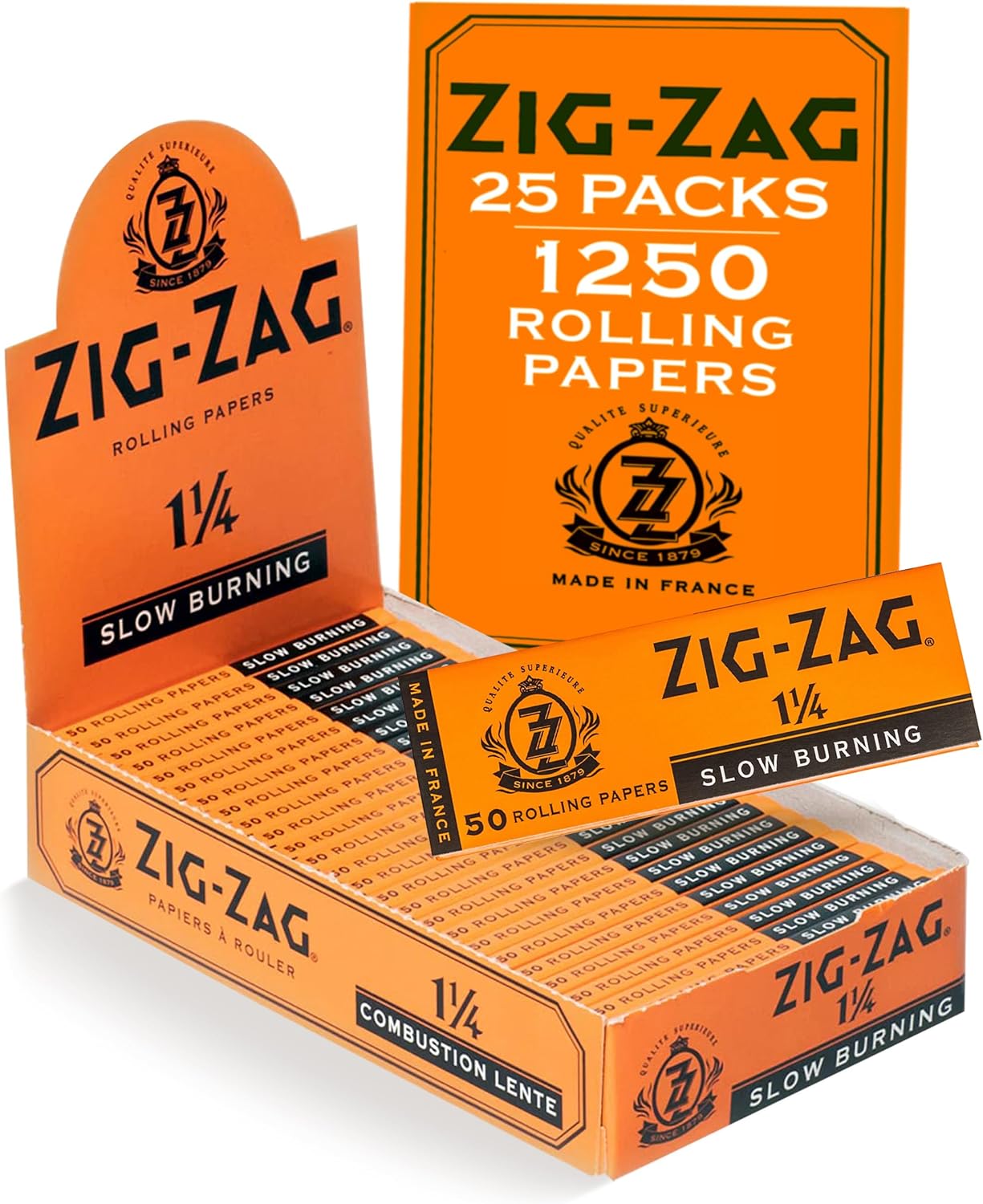 Zig-Zag Slow Burning Rolling Papers, Carton of 25 packs, 50 Leafs per Pack, 1¼ Size, Easy Rolling, 100% Natural Gum Arabic, No Bleach, Authentic (Orange)