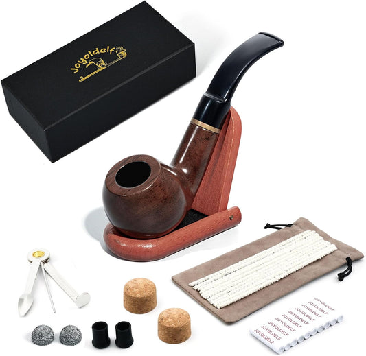 Joyoldelf Smoking Pipe, Wooden Tobacco Pipe with Gift Box, Ebony Tobacco Pipes for Smoking with 9mm Pipe Filter, Tobacco Pipe Stand and Smoking Accessories