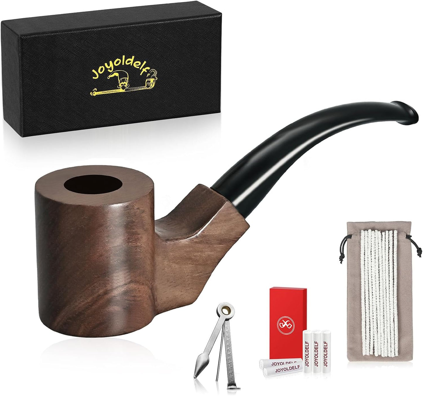 Joyoldelf Cylinder Shape Smoking Pipe - Handmade Ebony Tobacco Pipe Set, Wooden Pipe with Complete Accessories and Gift Box for Beginner