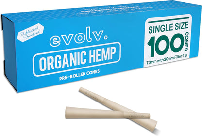Evolv Organic Hemp Pre Rolled Cones Rolling Paper | Single Size (Dog Walker) 70/30mm | 100 Count Case | Unbleached, Slow Burning Preroll Cones | Artisan Crafted Rolling Cone | Size: Small (Designed Small for Personal Use)