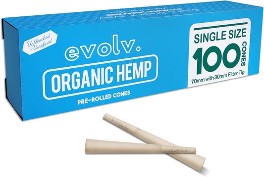 Evolv Organic Hemp Pre Rolled Cones Rolling Paper | Single Size (Dog Walker) 70/30mm | 100 Count Case | Unbleached, Slow Burning Preroll Cones | Artisan Crafted Rolling Cone | Size: Small (Designed Small for Personal Use)