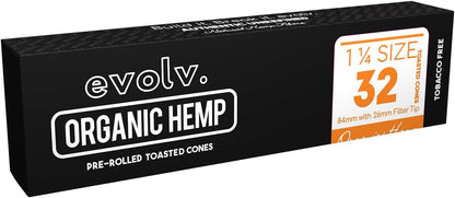 EVOLV Pre-Rolled Organic Toasted Hemp Cone Wraps | Size: 1 1/4 | Artisan Crafted & Hand-Rolled | 32 Pack