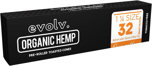 EVOLV Pre-Rolled Organic Toasted Hemp Cone Wraps | Size: 1 1/4 | Artisan Crafted & Hand-Rolled | 32 Pack