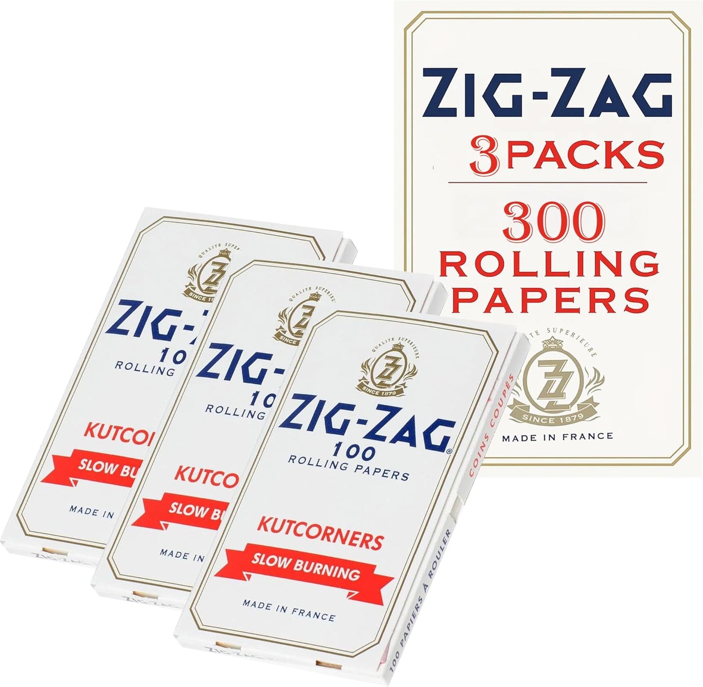 Zig-Zag Slow Burning Kut Corners Rolling Papers, 3 Booklet Pack, 100 Leafs per Pack, Size Single Wide (Regular), Easy Rolling, 100% Natural Gum Arabic, No Bleach, Authentic White Paper 300 Sheets
