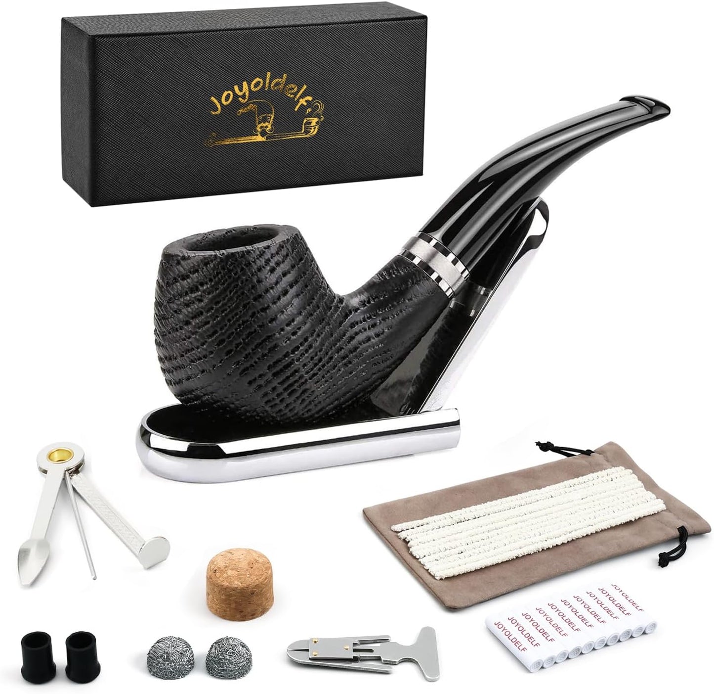 Joyoldelf Oak Tobacco Pipe Set - Handmade Smoking Pipe with Stainless Steel Stand, Wooden Tobacco Pipe with Gift Box, 9mm Pipe Filter and Smoking Accessories