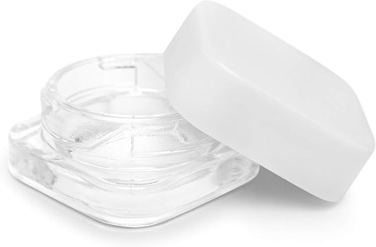 5ml Cube Glass Shoulderless Screw Top Jars w/ Child Resistant Lid | Containers for Essential Oils, Concentrates, Lip Balm, Makeup or Cosmetics | 100pc (Clear Glass, White Lid)