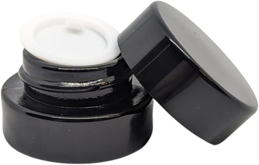 3ml Glass Shoulderless Screw Top Jars w/Grooved Anti-Leak Gasket | Essential Oil, Concentrate, Lip Balm or Makeup Containers | 100pc (Black Glass, Black Lid)