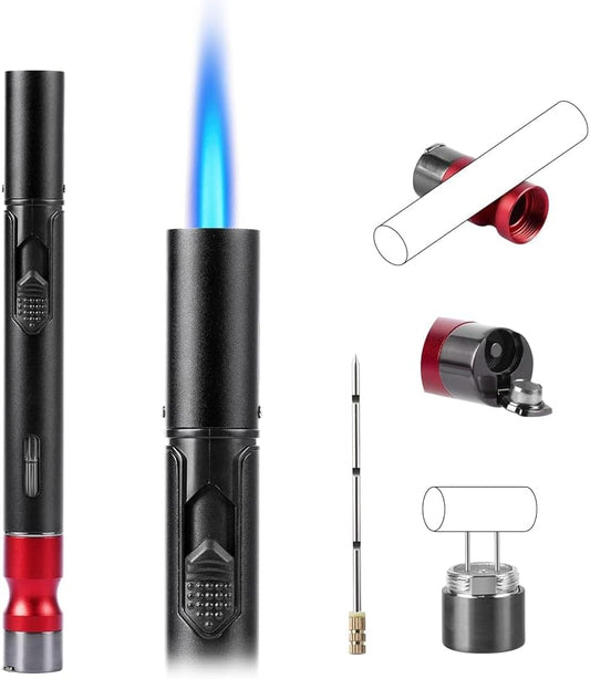 YUSUD Butane Torch Lighter, 5 in 1 Jet Flame Lighters Set with Built-in Cutter Punch, Holder Function, Draw Tool and Twin Nubber, Windproof Gas Lighter Accessories kit, Mens Gifts (Fuel Not Included)