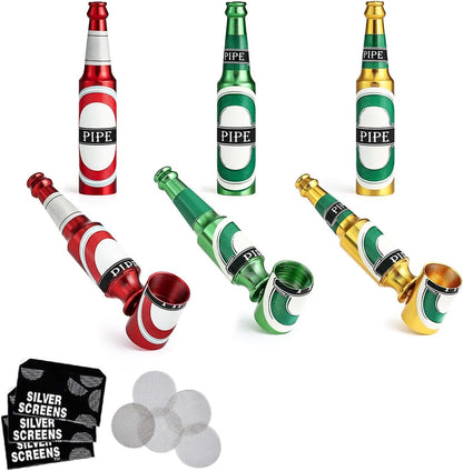 Joyoldelf 3pcs Portable Tobacco Pipe - Beer Bottle Smoking Pipe with Multi-Color (Red, Green, Gold), Creative Mini Pipe with Random Pattern, Pipe Starter Kit for Beginners with 3 Pack of Metal Screen