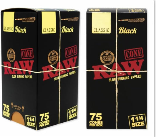 RAW Black 1 1/4 Backrolled Pre Roll Cones | 75 Cone Box