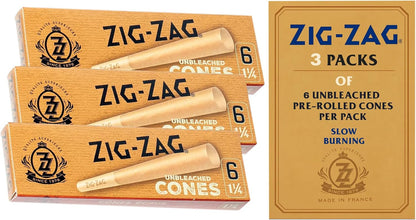 Zig-Zag Unbleached Pre Rolled Cones, 1¼ Size, 3 Pack, 6 Cones per Pack, Slow Burning, 100% Natural Gum Arabic, No Bleach, Made in Spain, 18 Total Cones