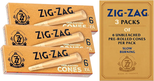Zig-Zag Unbleached Pre Rolled Cones, 1¼ Size, 3 Pack, 6 Cones per Pack, Slow Burning, 100% Natural Gum Arabic, No Bleach, Made in Spain, 18 Total Cones