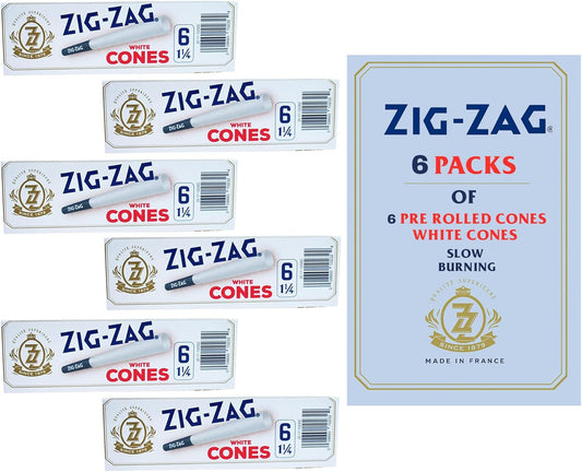 Zig-Zag – White Slow Burning Pre Rolled Cones 1 1/4 Size, 6 Packs, 6 Pre Roll Cones per Pack, Burns Evenly Rolling Papers Preroll Cone with Packing Stick Included, No Bleach, 100% Arabic Natural Gum