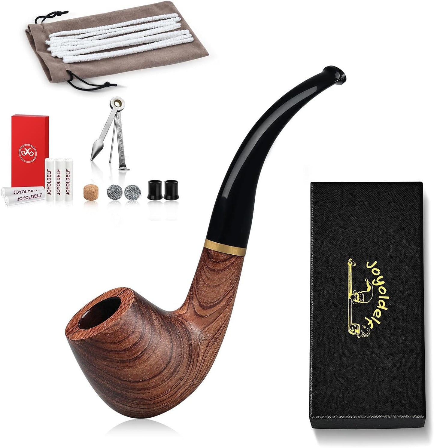 Joyoldelf Smoking Pipe, Wooden Tobacco Pipe with Gift Box, Rosewood Tobacco Pipes for Smoking with Tobacco Pipe Stand, 9mm Pipe Filter, 3-in-1 Pipe Scraper and Smoking Accessories