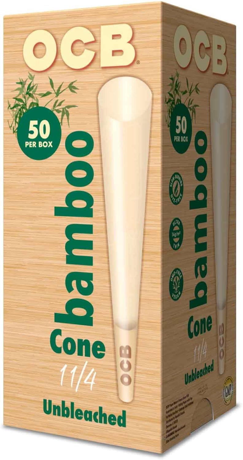 OCB Bamboo Unbleached Pre-Rolled Rolling Paper Cones 1-1/4 Size (84mm) - 50 Cones
