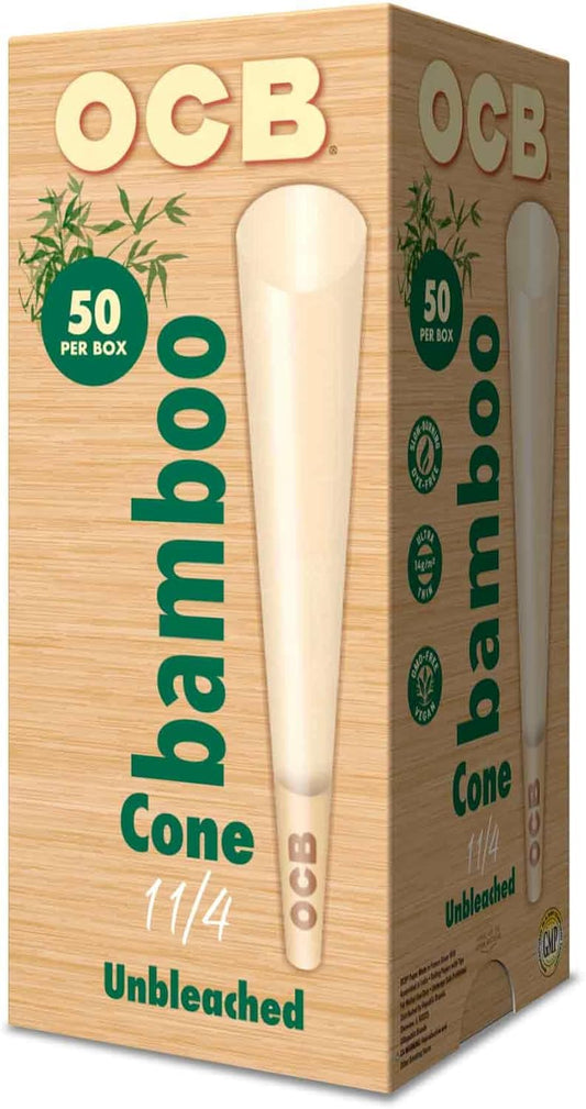 OCB Bamboo Unbleached Pre-Rolled Rolling Paper Cones 1-1/4 Size (84mm) - 50 Cones