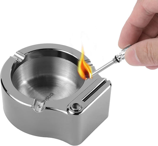 YUSUD Large Cigarette Ashtray with Permanent Match Lighter, Flint Fire Starter Ashtray, Fancy Metal Ash Tray Set for Weed, Cool Ashtrays for Cigars Outdoor Indoor Decor in Home Office