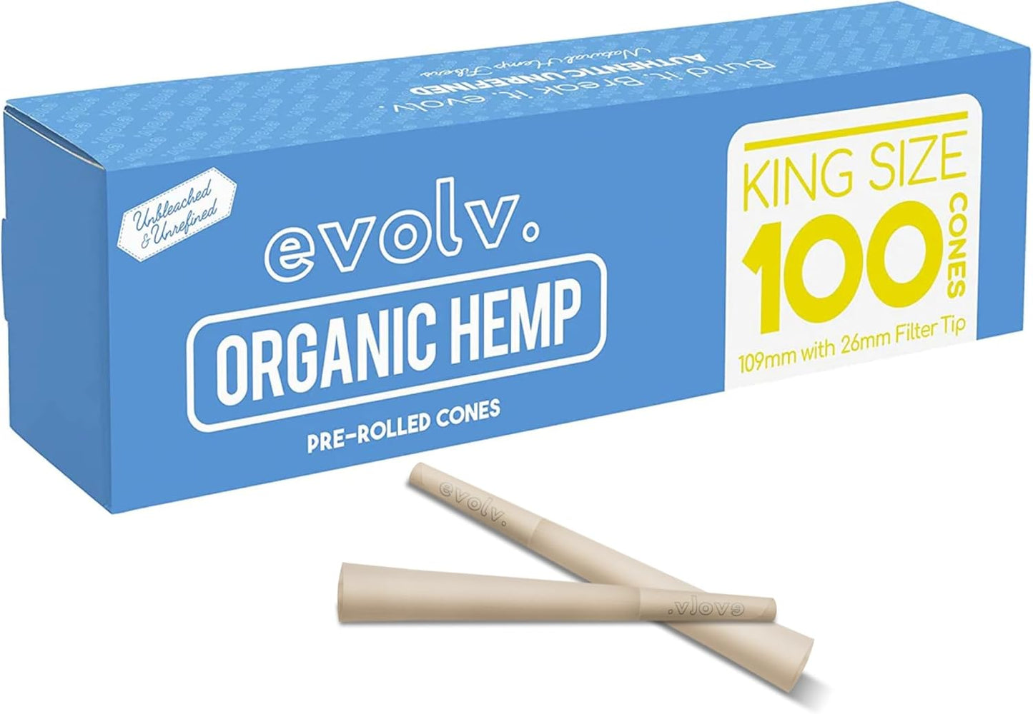 Evolv Organic Hemp Pre Rolled Cones Rolling Paper | King Size (109/26mm) | 100 Count Case | Unbleached, Slow Burning Preroll Cones | Artisan Crafted Rolling Cone