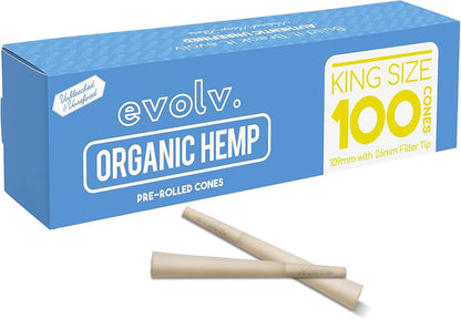 Evolv Organic Hemp Pre Rolled Cones Rolling Paper | King Size (109/26mm) | 100 Count Case | Unbleached, Slow Burning Preroll Cones | Artisan Crafted Rolling Cone