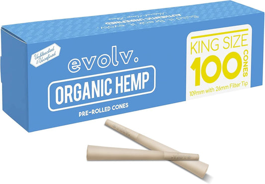 Evolv Organic Hemp Pre Rolled Cones Rolling Paper | King Size (109/26mm) | 100 Count Case | Unbleached, Slow Burning Preroll Cones | Artisan Crafted Rolling Cone