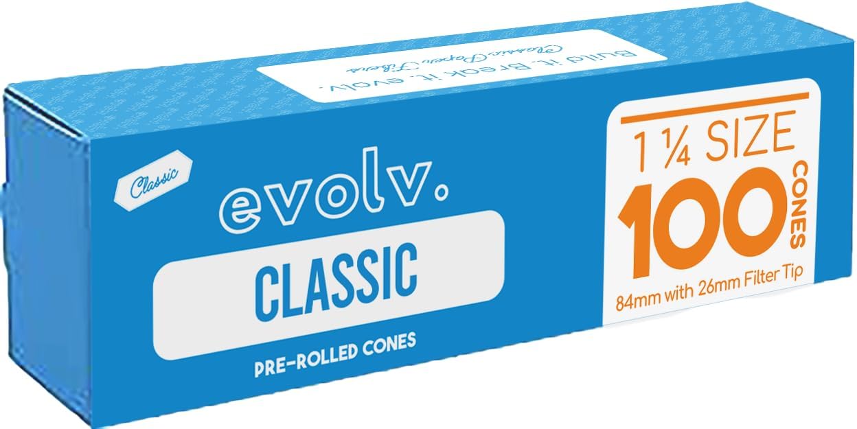 Evolv Classic Brown Pre Rolled Cones Rolling Paper | Size: 1 1/4 (84/26mm) | 100 Count Case | Unbleached, Slow Burning Preroll Cones | Artisan Crafted Rolling Cone