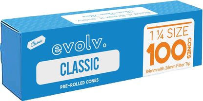 Evolv Classic Brown Pre Rolled Cones Rolling Paper | Size: 1 1/4 (84/26mm) | 100 Count Case | Unbleached, Slow Burning Preroll Cones | Artisan Crafted Rolling Cone