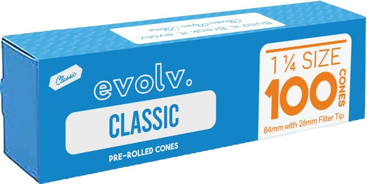 Evolv Classic Brown Pre Rolled Cones Rolling Paper | Size: 1 1/4 (84/26mm) | 100 Count Case | Unbleached, Slow Burning Preroll Cones | Artisan Crafted Rolling Cone