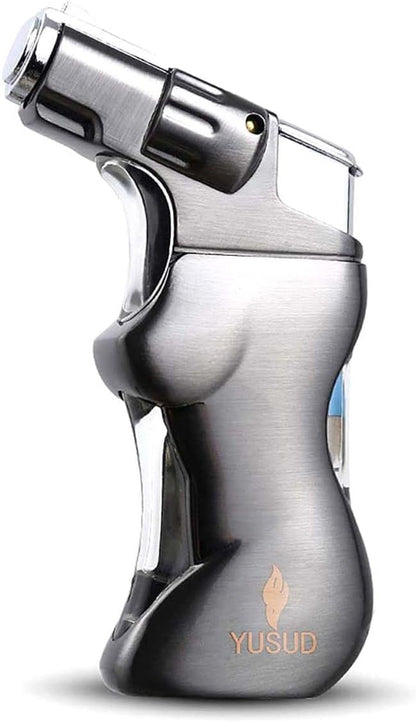 YUSUD Fire Jet Torch Lighter Butane Fuel Refillable for BBQ Candle, Unique Lighter with Blue LED Light Design, Creative Gift Ideas for Man