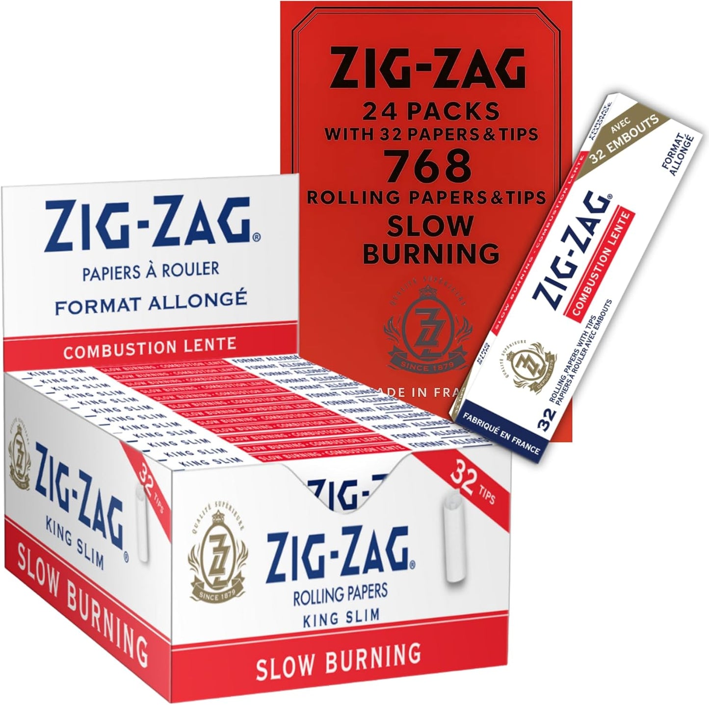 Zig-Zag - Slow Burning Rolling Papers with 32 Tips, Carton of 24 Packs, 32 Papers per Pack, Size King Slim, Easy Rolling, 100% Natural Gum Arabic, No Bleach, Authentic White Paper
