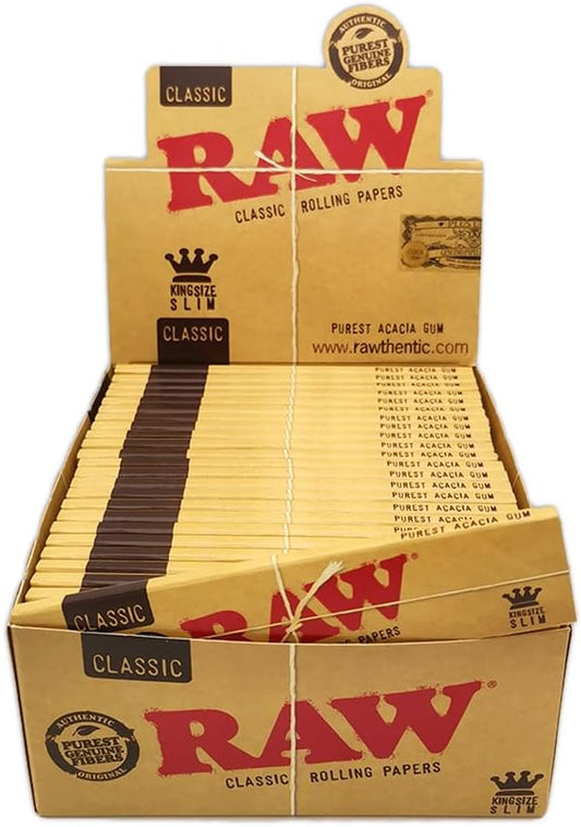 RAW Classic King Size Slim Rolling Paper Full Box, 50 Packs, 1600 Leaves