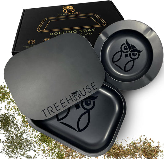 Treehouse Black Rolling Tray With Magnetic Lid - 7" x 5.5" PVC Soft Small Tray for Home Storage or Travel - Cute Set With Ashtray Included