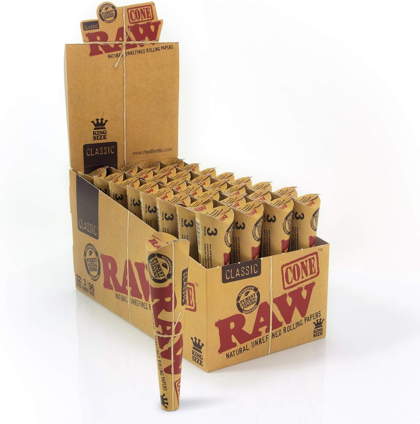 RAW Cones Classic King Size | 32 Packs | Natural Pre Rolled Rolling Paper with Tips | 3 Cones per Pack