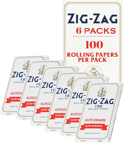 Zig-Zag Slow Burning Kut Corners Rolling Papers, 6 Booklet Pack, 100 Leafs per Pack, Size Single Wide (Regular), Easy Rolling, 100% Natural Gum Arabic, No Bleach, Authentic White Paper 600 Sheets