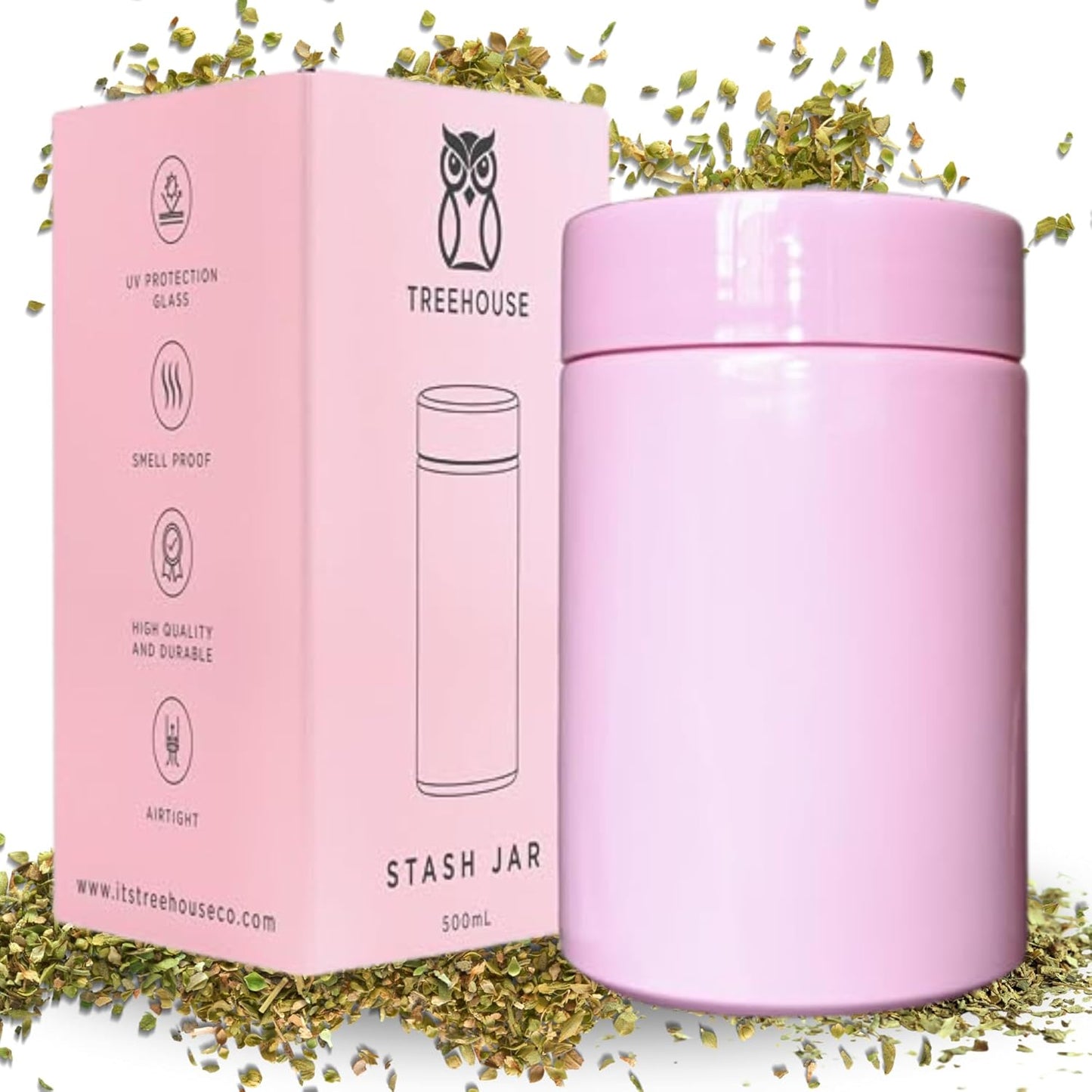 Stash Jar Smell Proof Container (500mL) for Herbs, Spices, Coffee, Teas & More, Double Sealed Air Tight Jar, Thick UV Protection Glass, Smell Proof Herb Storage, x2 Resealable Smell Proof Bags (Pink)