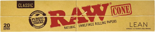 RAW Classic Natural Unrefined Pre Rolled Cones | Lean Size | 240 cones (12 packs, 20 cones/pk)