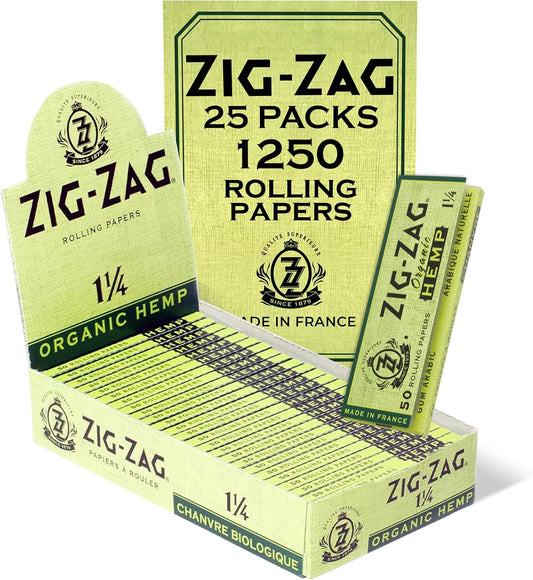 Zig-Zag Organic Hemp Rolling Papers 1 ¼ Size Roll, Box of 25 Packs, 50 Sheets per Pack, No Bleach, Made from Pure Hemp Fibers, Natural Gum Arabic, Slow Burning – 78 x 44mm, 1250 sheets