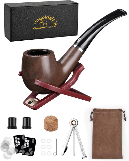 Joyoldelf Tobacco Smoking Pipe With Foldable Stand Holder, Screens, Pipe Bits and Cleaning Tool - Gift Box Included