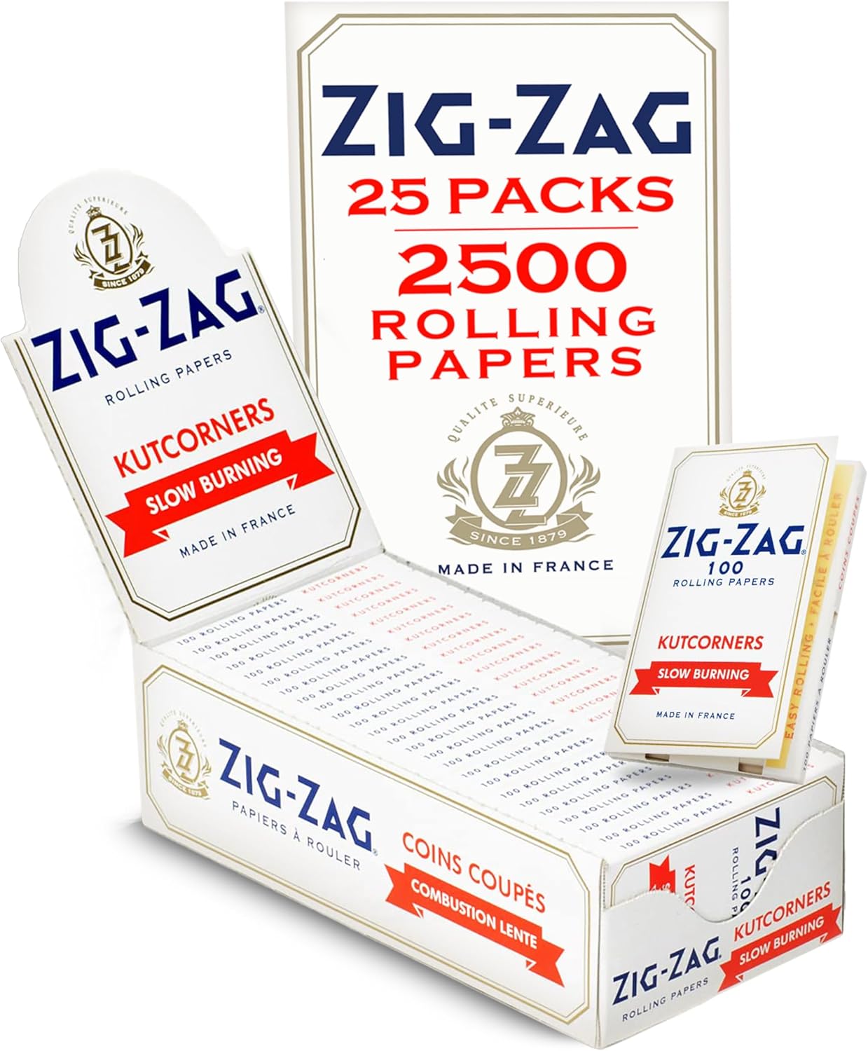 Zig-Zag Slow Burning Rolling Papers, Carton of 25 Packs, 100 Leafs per Pack, Size Single Wide (Regular), Kut Corners Easy Rolling 100% Natural Gum Arabic, No Bleach, Authentic White Paper 2500 Sheets