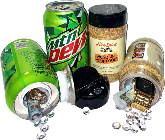 Fake Seasoning Salt and Mountain Dew Soda Safe Diversion Secret Stash Safes with Hidden Storage to Hide Money Jewelry Anything with Free Smell Proof Mylar Bag