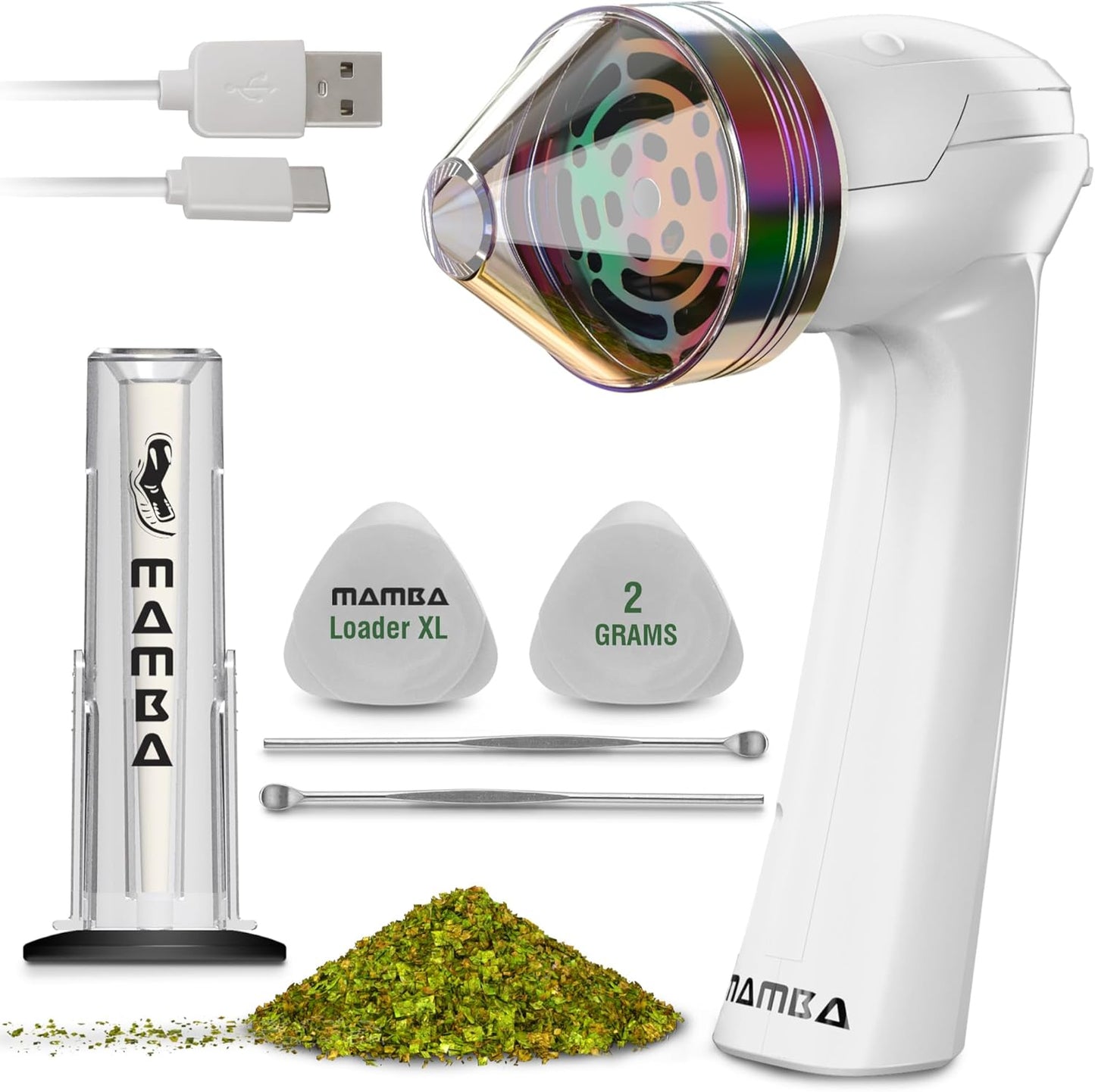 Mamba Loader XL 2g White USB Electric Herb Grinder. Small Portable Metal Herbal Machine & Spice Mill for The Kitchen