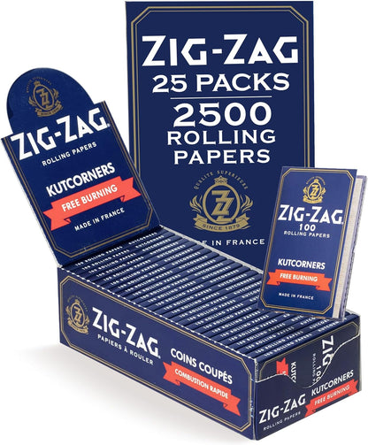 Zig-Zag Blue Kutcorners Free Burning Rolling Papers, 25 Packs, 100 Leafs per Pack, Single Wide (Regular) Size, Kut Corners Easy Rolling, 100% Natural Gum Arabic, No Bleach, Authentic Blue Paper – 2500 Sheets