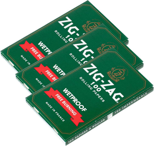 ZIG-ZAG Wetproof Green Rolling Papers, Single Wide (Regular) Size, 3 packs, 100 Leafs per Pack, Free Burning Paper, 100% Natural Gum Arabic, No Bleach, Authentic - 300 sheets